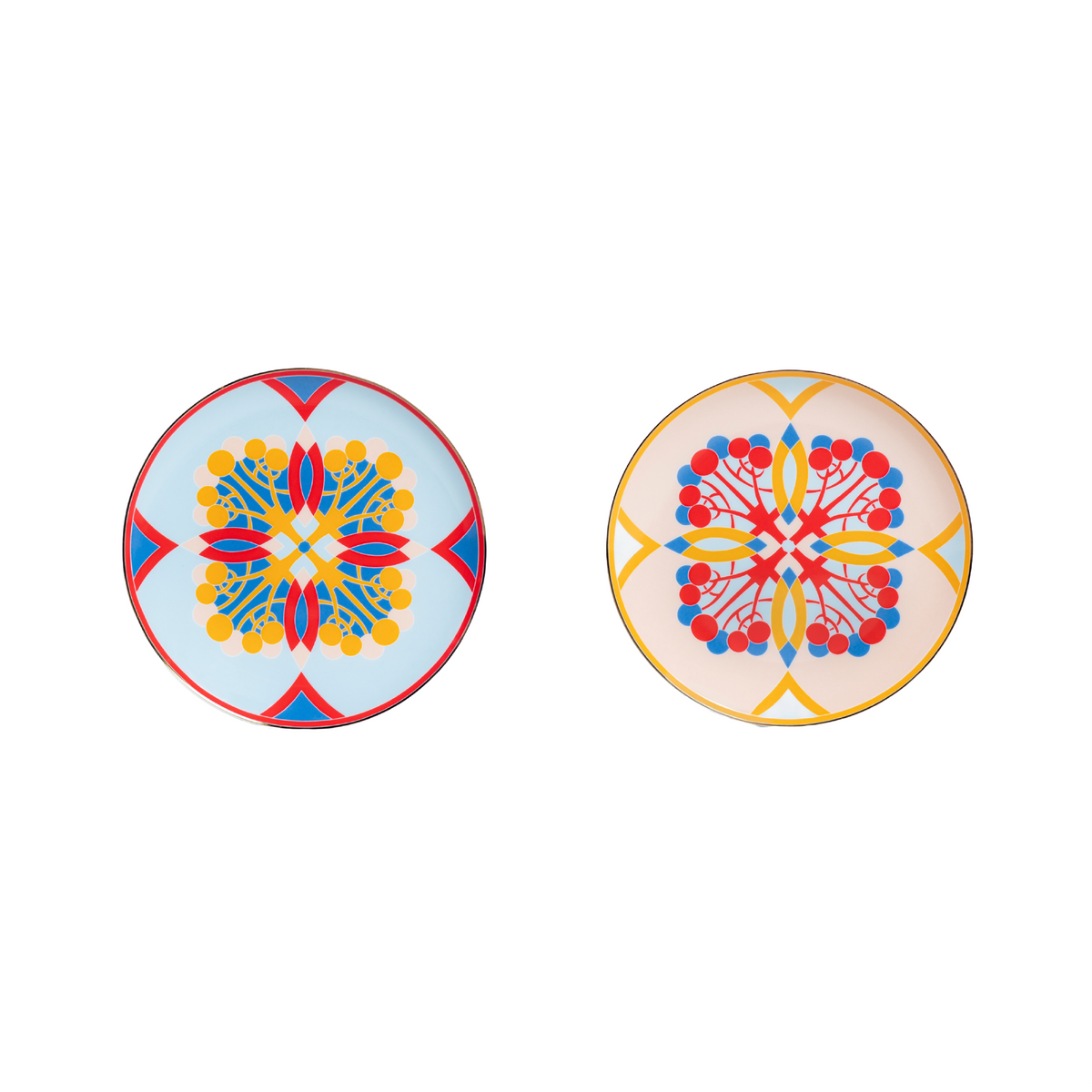 Set Of 2: Couped Blue & Blush Deco Fine Bone Dessert Plate